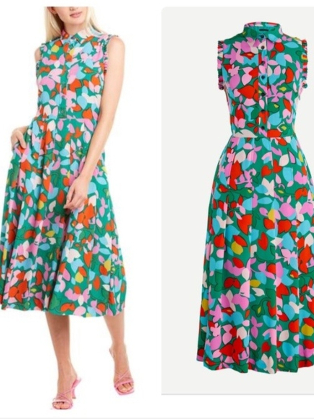 J. Crew Green Sleeveless Button-Front Midi Dress with Pink & Red Floral Print